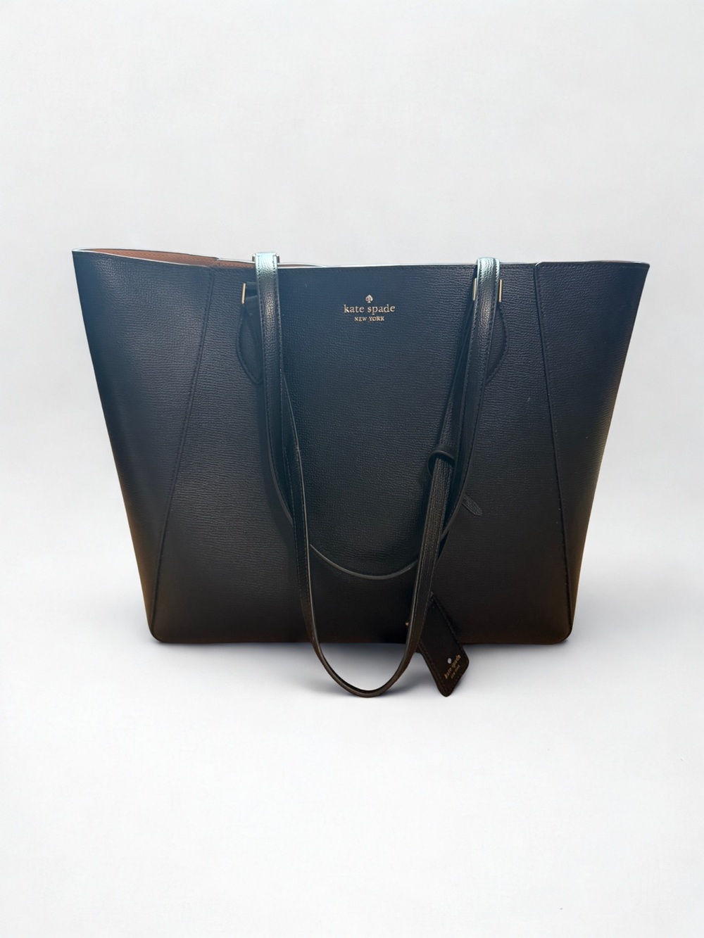 kate spade black leather tote with gold logo